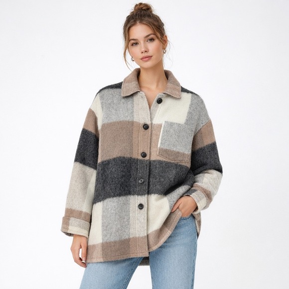 ZARA Oversized Plaid Shacket Jacket Size M Wool Blend Fringe Back Neutral Cozy - Picture 3 of 14